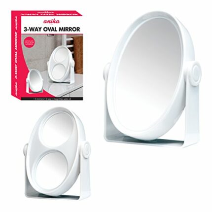 Anika 91630 3-Way Oval Mirror | 2X and 3X Magnification | Portable and Hands Free | Sleek and Stylish, White, 18 x 5 x 27.5 cm