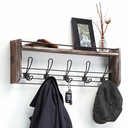 JACKCUBE DESIGN Rustic Wood Wall-Mounted Coat Rack with 5 Hooks, Shelf for Entryway, Hallway, Bedroom, Bathroom, Living Room - MK508A