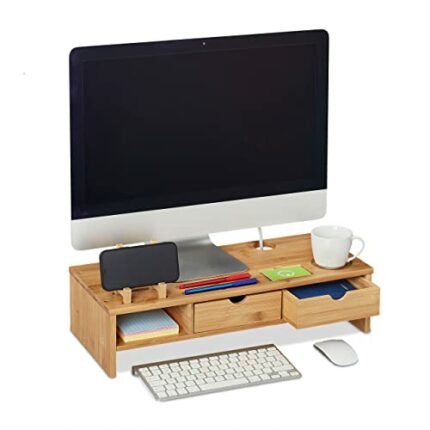 Relaxdays Bamboo Monitor Stand, Drawers, Slots for Smartphone & Utensils, Ergonomic Screen Holder, 13x54x23 cm, Natural, 100%