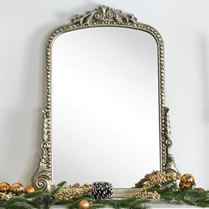 EGHOME Antiqued Silver Ornate Mirror Arched Mantel Mirror Baroque Inspired Ornate Dresser Mirror, 22 x 28''