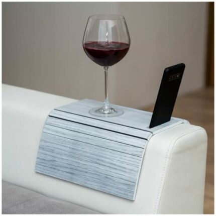 EWART WOODS Sofa arm tray table couch bedside wood coaster coffee cup foldable protector mat tv chair armrest caddy end tables trays (Grey Vintag