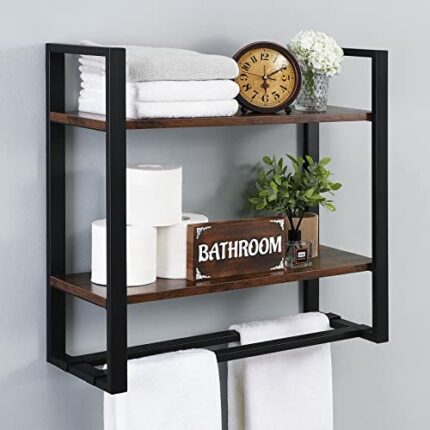 KES Towel Rack Floating Shelf with Towel Rail, 2-Tier Bathroom Shelf Wall Mounted Storage Shelf, Iron and Wood Matte Black, BTR500S60-BK