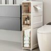 Toilet Side Storage Cabinet, Narrow Bathroom Floor Cabinet with 4 Drawers and Casters Freestanding Slim Drawer Storage Tower Easy Pull Handle for
