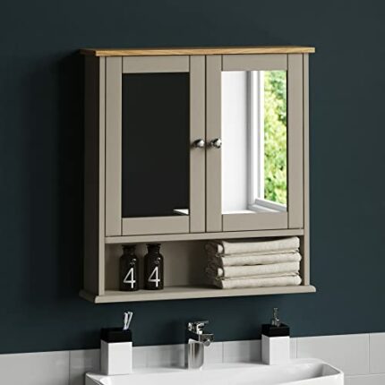Bath Vida Priano Double Door Bathroom Cabinet, Wood, Grey, Mirrored Wall Mounted Storage Furniture