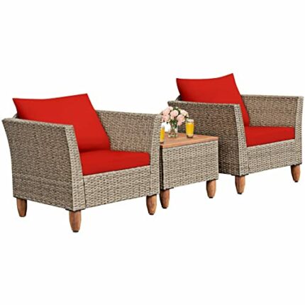 MIAOZI 3PCS Patio Rattan Bistro Furniture Set Wood Table Top Cushion Sofa Navy/Red/Black/Turquoise (Color : A)