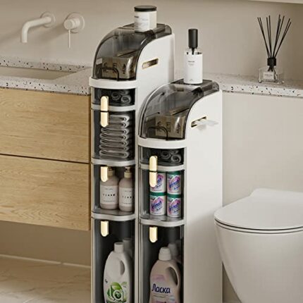 WEAFIEO Bathroom Floor Storage Cabinet 7.09″ Narrow Slim Organizer 3-Tiers Side Corner Unit with Handle Casters Clear Drawers for Tiny Kitchen La