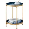 FUNME Folding End Table 2-Tier Metal Round Side Table with Removable Tray for Living Room (Yellow)