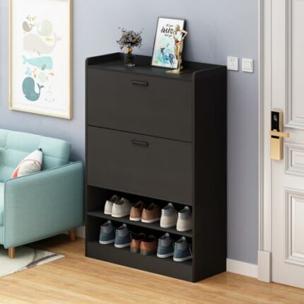 FRIZIONE 18 Pair Hidden Shoe Storage Cabinet with Doors, 2 Tier Free Standing Shoe Rack for Entryway, Tall Shoe Rack Shelf with Open Storage Shel