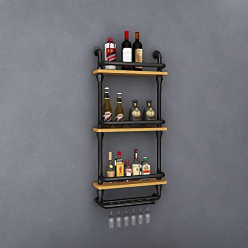 Wine Rack Wall Mounted 3 Tier with Lights, Hanging Floating Small Mini Bar Liquor Shelves with Glass Holder Storage, Industrial Rustic Pipe Farmh