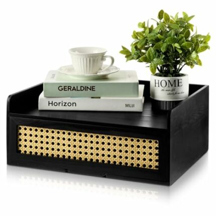 Geetery Rattan Wall Shelf, Floating Nightstand, Small Rattan Nightstand with Storage Drawer, Black Bedside Tables Shelf for Bedroom Living Room O