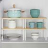 CADUKE Set of 2 Cabinet Kitchen Shelves Stackable Countertop Shelf and Expandable Wood Cabinet Organizer Shelves for Bathroom Study Room, Pale Ye
