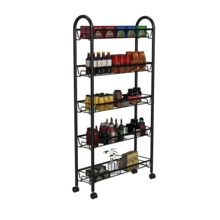 5-Tier Storage Rack, WASJOYE Utility Cart Gap Mesh Wire Kitchen Sauce Organization Trolley Rolling Cart with Lockable Wheels for Office, Bathroom
