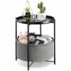 danpinera Round Side Table with Fabric Storage Basket, Metal Side Table Small Bedside Table Nightstand with Removable Tray Top for Living Room, B