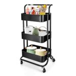 TNAVY 3 Tier Rolling Trolley with Handle, Metal Utility Cart on Wheels, Storage Organizer for Kitchen Laundry Bathroom and Office (Black)