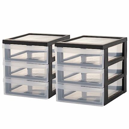 Iris Ohyama, Tower, Chest of Drawers, Plastic Storage Organizer with ergonomic handle, 2L, Set of 2, 3 drawers, Robust, BPA free, Office, Bedroom