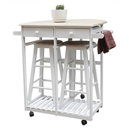 BHVXW Dining Room Kitchen Foldable Wooden Handle Semicircle Dining Cart With Round Stool White