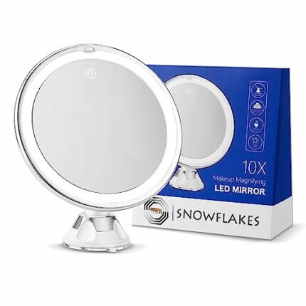 Snowflakes 10x Magnifying Lighted Makeup Mirror with Lights, Suction Cups, and 360° Swivel – Touch Control, 3 Light Modes – Ideal for Home, Bathr