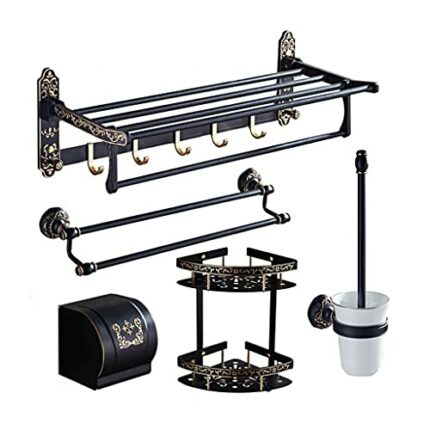 VERDDE Black and Gold Carved Bathroom Accessories Set Aluminum Bath Hardware Sets Towel Rack,Paper Holder Toilet Brush Holder Towel Bar