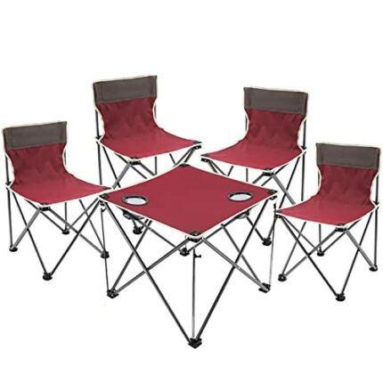 QINAIDI Outdoor Folding Table, with 4 Folding Chirs, 5pcs Lightweight Patio Table Chairs Set, with Cup Holder & Carrying Bag, for Garden Beach Ba