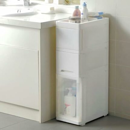 3 Tier Bathroom Floor Storage Cabinet with Door and Shelf, Small Thin Cabinet for Narrow Space, Toilet Paper Organizer