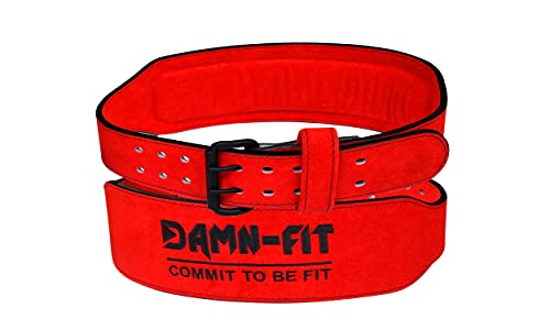 Damn-Fit® Leather Weight Lifting Belt Gym Fitness, 4” Wide Lumbar Support With Double Prong, Crossfit Bodybuilding Deadlift Powerlifting Squat Ba
