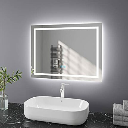 Bathroom Mirror with LED Lights, 700 x 500 mm Illuminated Bathroom Mirror with Demister Wall Mounted Bathroom LED Mirror Dimmable 3 Colour Light