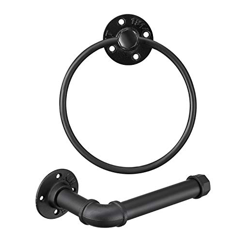Industrial Black Toilet Paper Holder and Towel Ring, Bathroom Hardware Set, Wall Mounted Hardware Accessories, Includes Pipe Towel Rack Towel Rin
