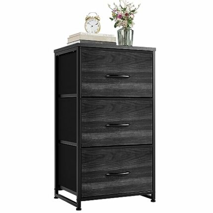 Nicehill nightstand, Wooden top Board, Fabric, Steel Frame, Black Wood Grain, 3-Drawer
