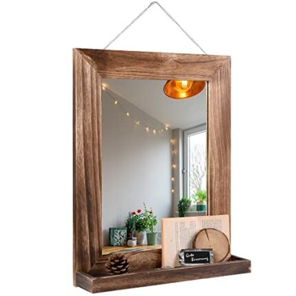 EDGEWOOD 16x20 Inches Decorative Rustic Wall Mirror with Shelf Solid Wood Frame, Brown