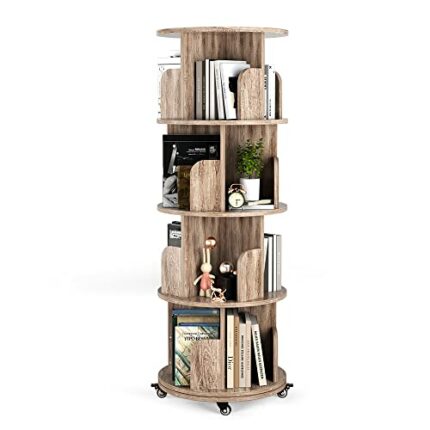 Nidouillet Rotating Bookshelf, 4 Tier Revolving Bookcase with Brake Wheels 360° Display Round Bookshelf Narrow Swivel Corner Book Shelf Standing