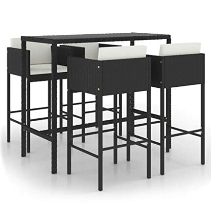 vidaXL Garden Bar Set 5 Piece with Cushions Outdoor Patio Terrace Backyard Furniture Dining Table and Chair Seating Poly Rattan Black