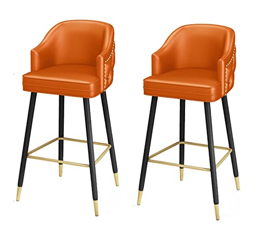 Orange Leather Island High Bar Chairs Barstools Set of 2 Counter Height Upholstered with Nailheads and Gold Tipped Black Metal Legs, Leisure Coun