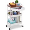 KINGRACK Rolling cart, 3-Tier Utility Storage Trolley with Wooden Board and Drawer, Metal Storage Cart with Handle, White Trolley Kitchen Organiz