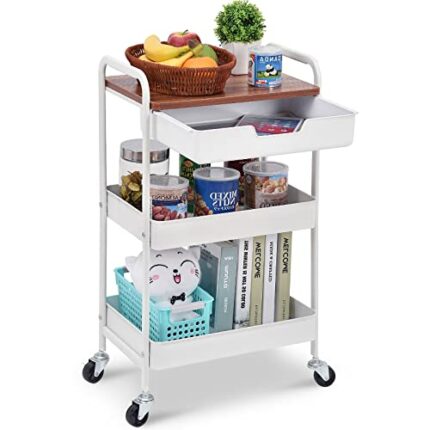 KINGRACK Rolling cart, 3-Tier Utility Storage Trolley with Wooden Board and Drawer, Metal Storage Cart with Handle, White Trolley Kitchen Organiz