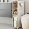 Toilet Side Storage Cabinet, Narrow Bathroom Floor Cabinet with 4 Drawers and Casters Freestanding Slim Drawer Storage Tower for Laundry Room, Li