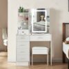 Saihemei Modern Makeup Vanity Desk with Mirror and LED Light, Makeup Table with 6 Drawers, Storage Shelves and Chair, 3 Lighting Modes and Adjust