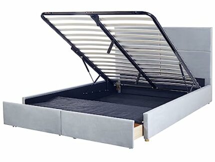 Velvet Bed Frame EU King Size with Storage 6ft Light Grey Slatted Base Vernoyes