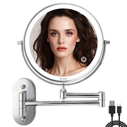 Auxmir 10x Magnification Wall Mirror Illuminated LED Wall Makeup Mirror with 3 Colour Modes, 1X/10X Magnification USB Charge, Touch Screen, 360°