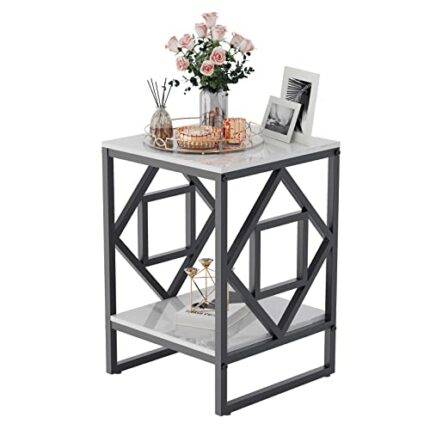Marble Top Side Table Black: 2 Tier Square Geometric Rhombus Frame End Tables 40 x 58cm Sintered Stone Bedsides with Black Legs Modern White Marb