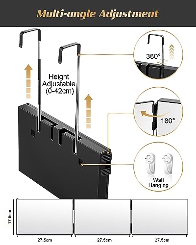 JUSRON 3 Way Mirror for Hair Cutting, 360° Mirror with Adjustable Hooks for Door, Portable Trifold Barber Mirror for Makeup, Cut, Trim and Shave