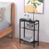 Yusong Small Narrow Side Table for Small Spaces, Slim End Table Nighstand with Metal Mesh, Accent Skiny Snack Couch Beside Table (Black, 3 Tier)