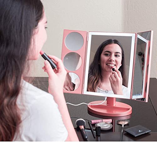 MIRRORVANA XLarge Hollywood Style Trifold LED Lighted Makeup Mirror, Triple 10X, 5X, 3X Magnification & 2 meter Bonus USB Cable (Rose Gold)