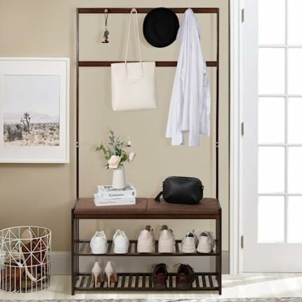 Joyoolife Coat Rack Shoe Bench, Shoe Storage Bench, 3-in-1 Hall Tree, Shoe Organizer Rack for Entryway