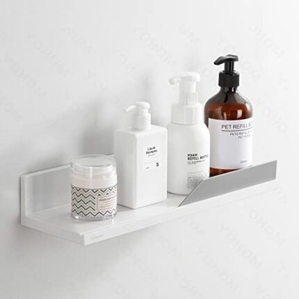 YOHOM White Adhesive Floating Shelf for Bathroom Tile Wall Stick on Shower Shelf Rack No Drilling Plastic Lightweight Shelf Organizer with Gray G