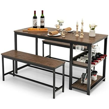 DINGZZ 3 Piece Dining Table Set For Kitchen Table And 2 Bench Storage Compartments With Wine Rack