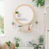 Ulike Round Rattan Mirror, 24 Inch Boho Circle Rattan Wall Mirror Natural Rattan Skin Wrapped Hanging Mirror Rattan Wooden Beads Art Decoration M