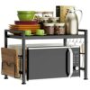 EKNITEY Extendable Microwave Oven Rack - Adjustable Kitchen Counter Shelf, 2 Tier Microwave Stand (L15.7~23.6" xW12.8 xH17.7) with 6 Hooks for Ki
