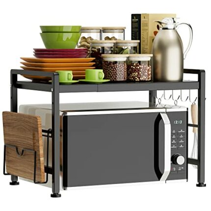 EKNITEY Extendable Microwave Oven Rack - Adjustable Kitchen Counter Shelf, 2 Tier Microwave Stand (L15.7~23.6" xW12.8 xH17.7) with 6 Hooks for Ki