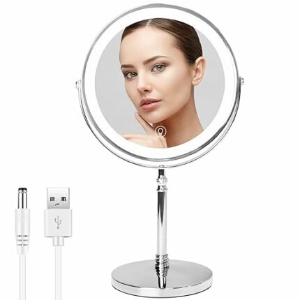 WITFAMILY Countertop Vanity Mirror， 8'' Rechargeable 1x/10x Magnifying Mirror with Lights，3 Color and Brightness Adjustable, Touch Control 360° R