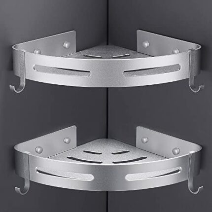 Hoomtaook Bathroom Corner Shelves Shower Shelf No Drilling Bathroom Caddy Storage Shower Organiser Adhesive Rustproof Metal Wall Mounted 2 Packs
